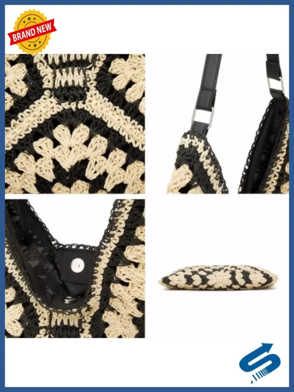 Hand-Woven Straw Hobo Bag with Magnetic Snap Closure, Wide Shoulder Strap